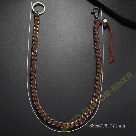 Chaîne portefeuille mailles plates chrome noir et cuir marron, finition tête de mort