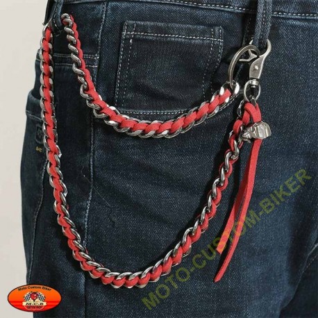 Chaîne portefeuille mailles plates chrome noir et cuir rouge, finition tête de mort