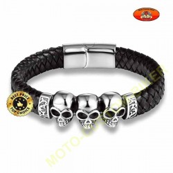 Bracelet cuir tressé noir surmonté de 3 têtes de mort silver