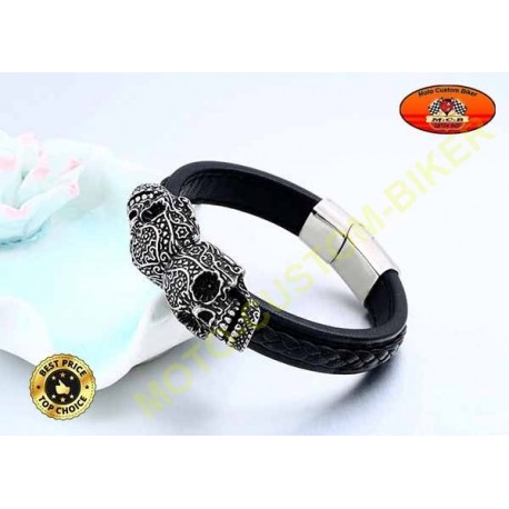 Bracelet cuir noir tressé avec 2 skulls mexicaine